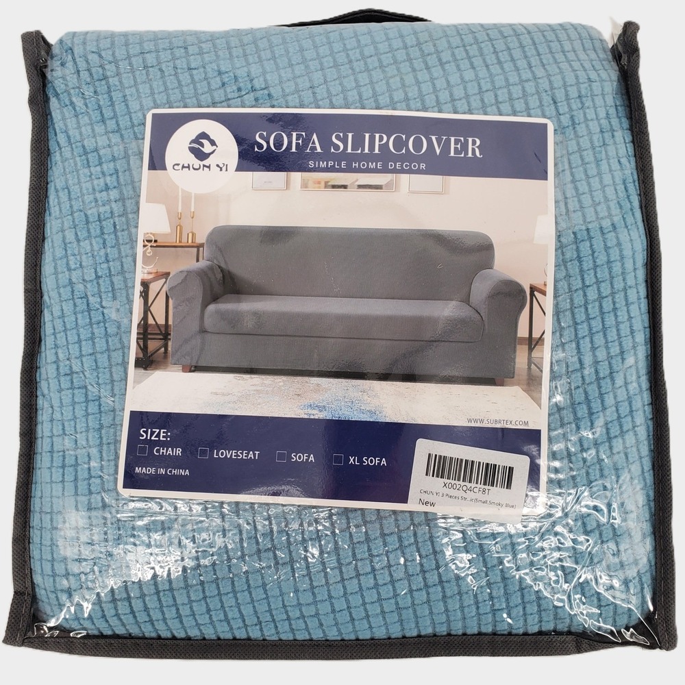 Subrtex Chun Yi Chair Sofa Slipcover 3 Piece Stretch Smoky Blue Checkered Small